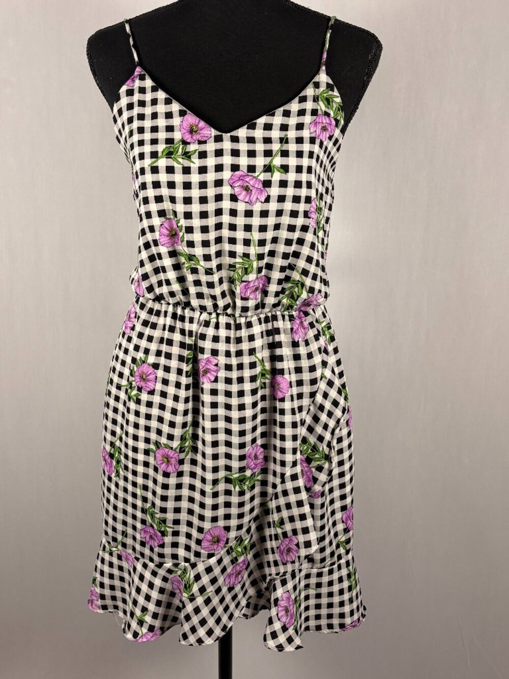 Everly Gingham Floral Dress • Black/White Check • Purple Floral • Size M • NWOT